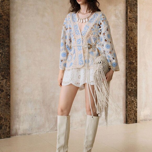 Blue And White Boho Crochet Women's Geometric Cardigan - Picture 2 of 7